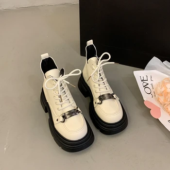Удобные ботинки в британском стиле, женские ботильоны из дизайнерской кожи с круглым носком на толстой подошве, Новая женская обувь в стиле ретро на шнуровке