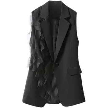Черный костюм SuperAen, жилет, женская осень 2023, Новый Корейский стиль, модный Шифоновый жилет с деревянными ушками