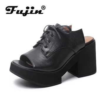 Элегантная обувь Fujin с открытым носком, модные босоножки, женские тапочки длиной 8,5 см, летние этнические мокасины на очень толстом каблуке из натуральной кожи, 8,5 см
