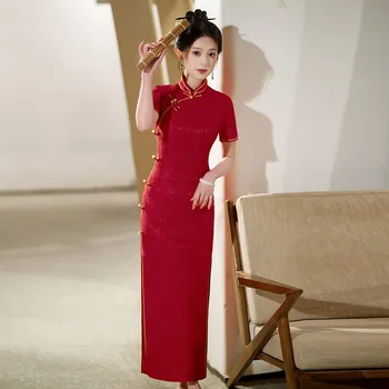 Элегантный летний Длинный красный кружевной Чонсам, ретро-банкетный подиум, Ципао, Вечернее свадебное платье в китайском стиле для женщин
